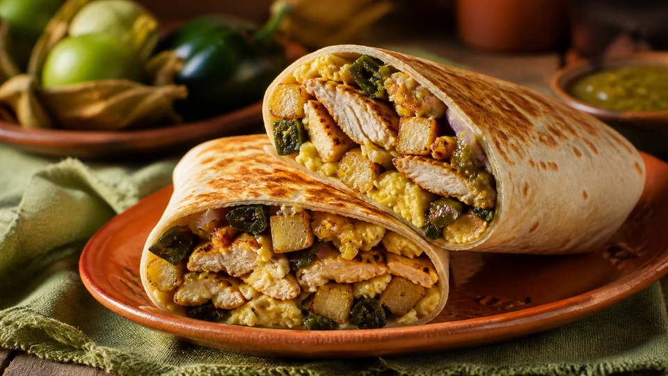 Editorial breakfast scene illustrating Chicken breakfast burrito.