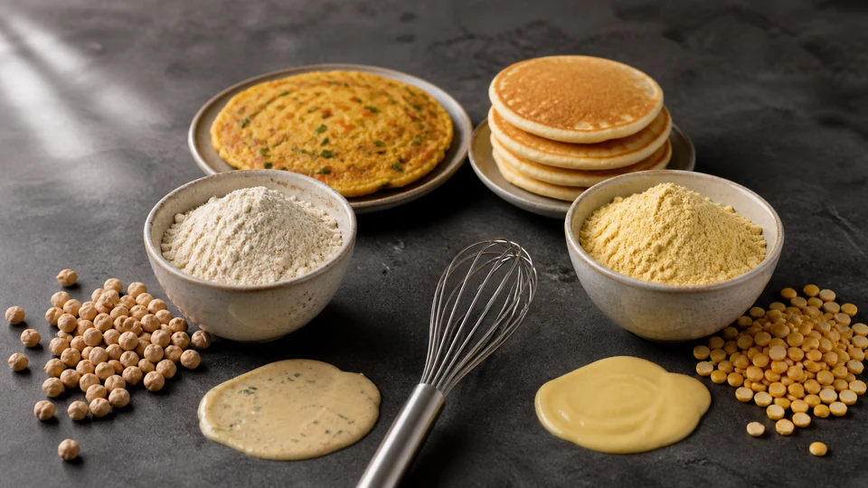 Whole chickpeas and split chana dal shown with two flours, batters, and contrasting pancake styles