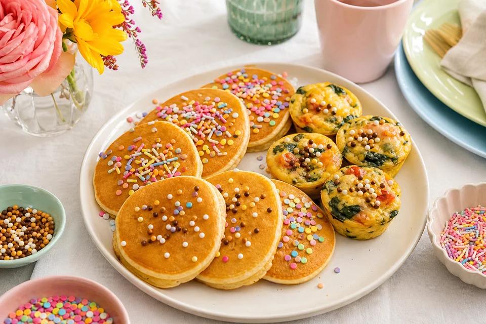 Finished pancakes and small breakfast bakes decorated sparingly with several colourful sprinkle shapes.