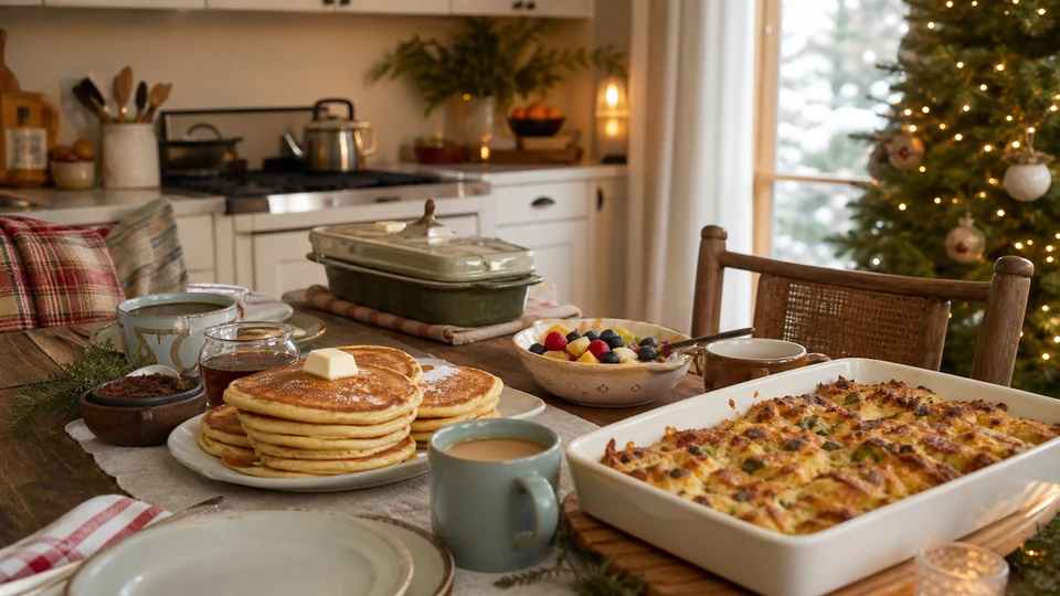 Finished pancakes, a baked breakfast dish, fruit, and warm drinks on a calm Christmas morning table.