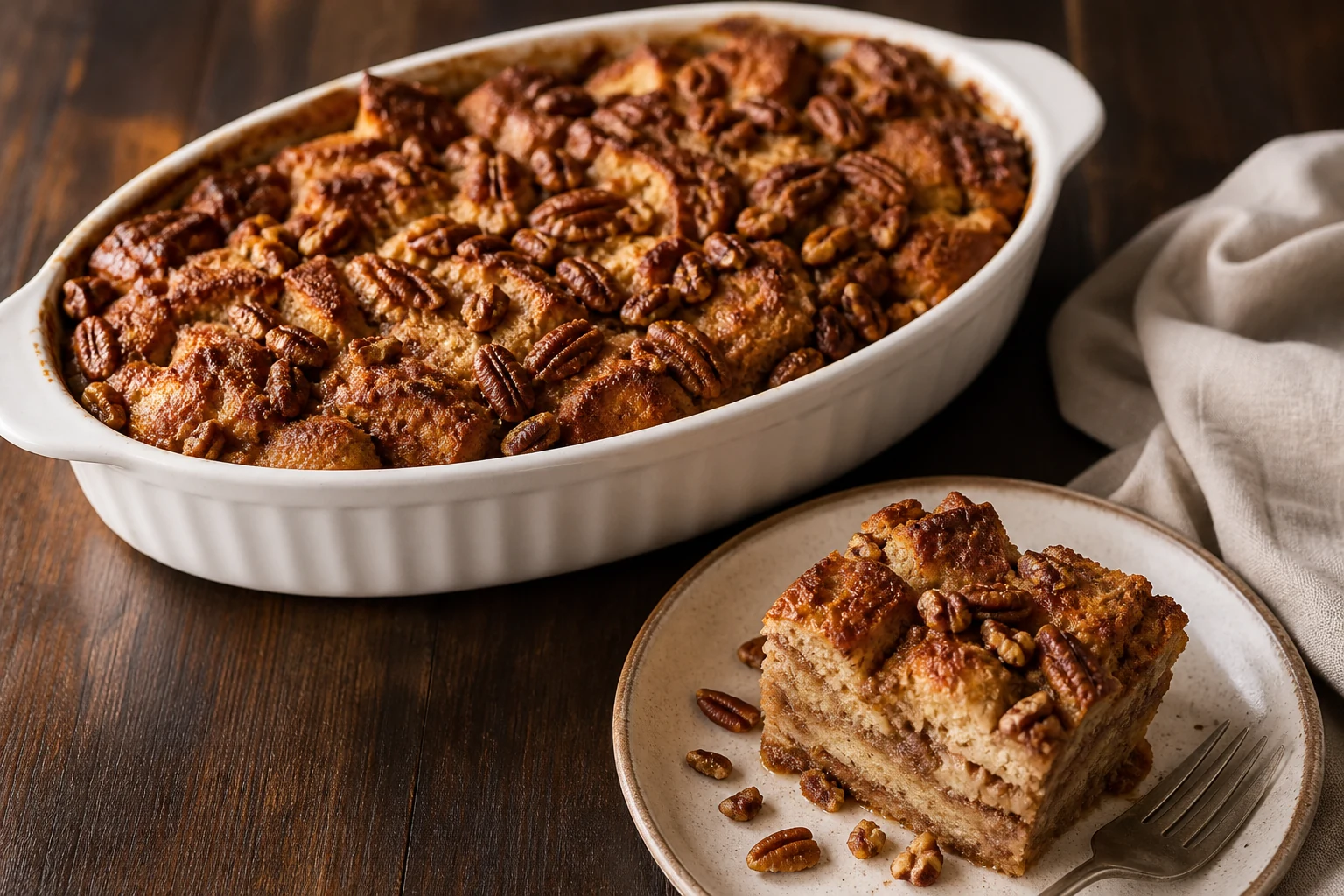 Finished cinnamon pecan breakfast bread pudding with a plated square showing custardy layers