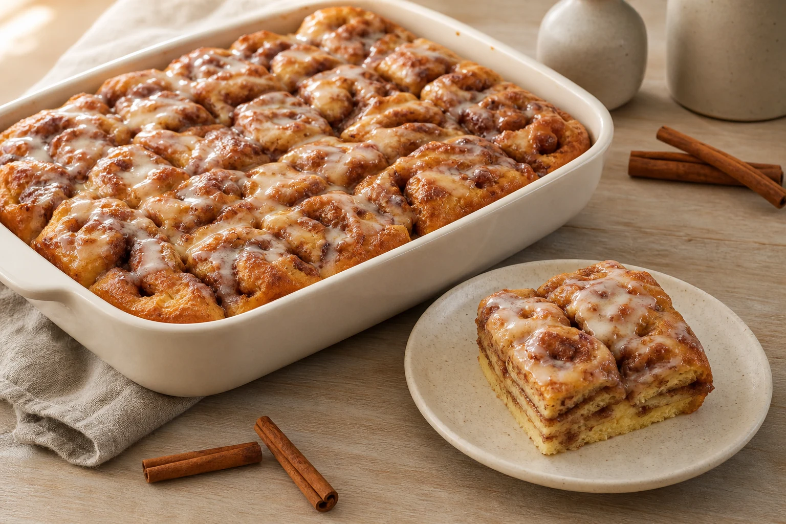Finished cinnamon roll casserole with a plated square showing spiral layers and restrained glaze
