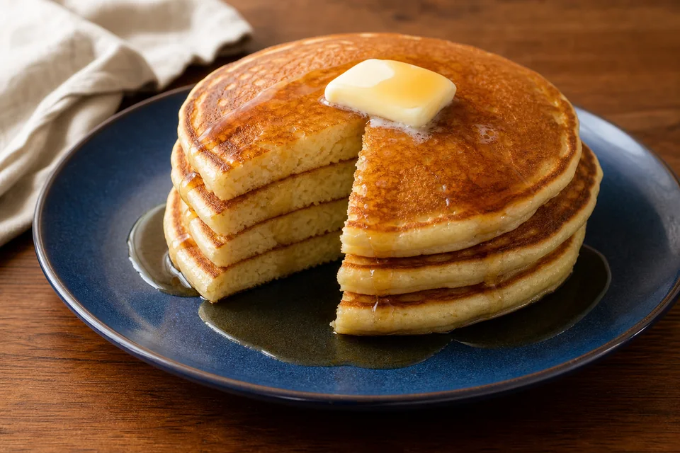 Four classic American pancakes on a deep blue plate, cut to show a soft crumb and served with butter and maple syrup.