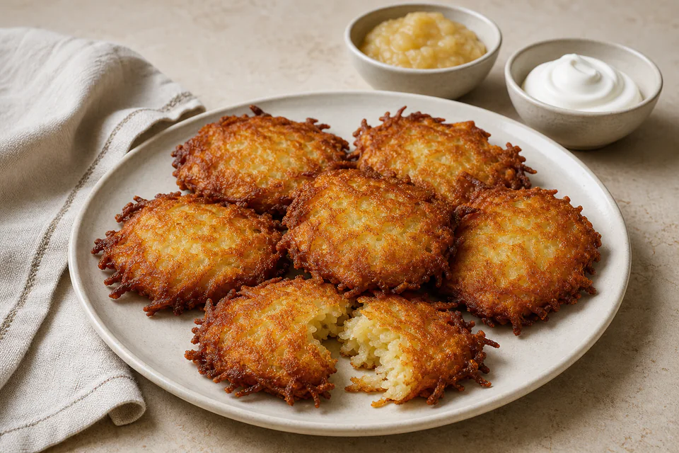 Crisp potato latkes with lacy edges served with applesauce and sour cream