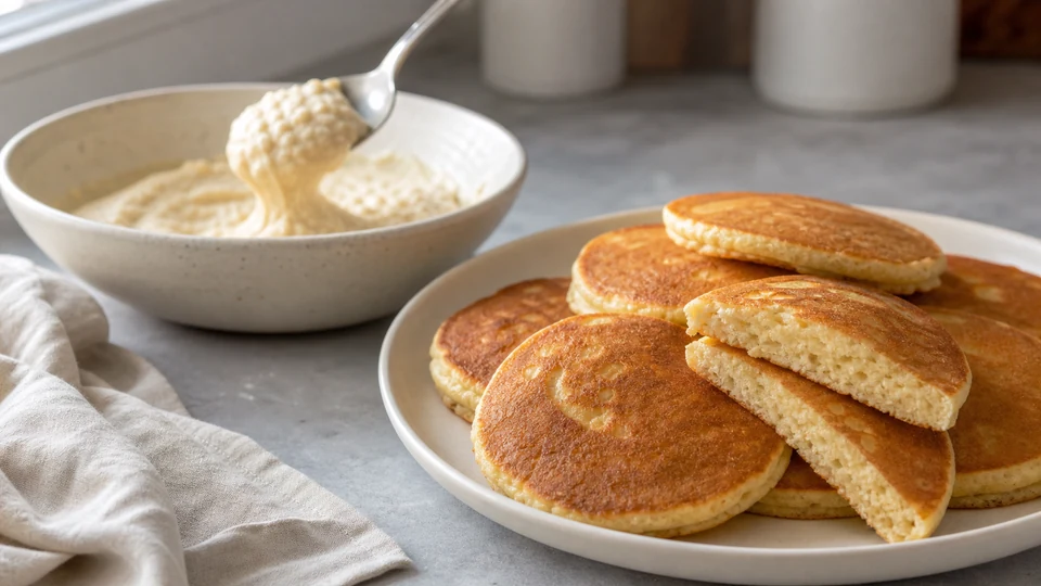 Coconut flour, a bowl of pancake batter, a whisk and a spoon arranged for a measured mixing check.