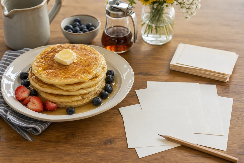 A finished pancake breakfast beside blank recipe note cards and a pencil.