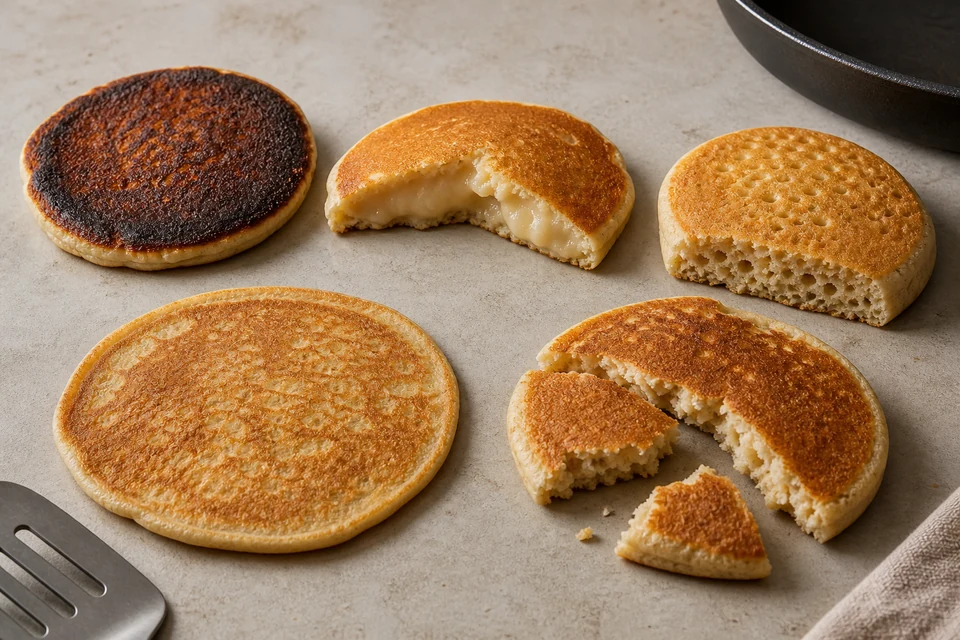 A comparison of burnt, wet-centred, dense, flat and broken pancakes on a kitchen counter.