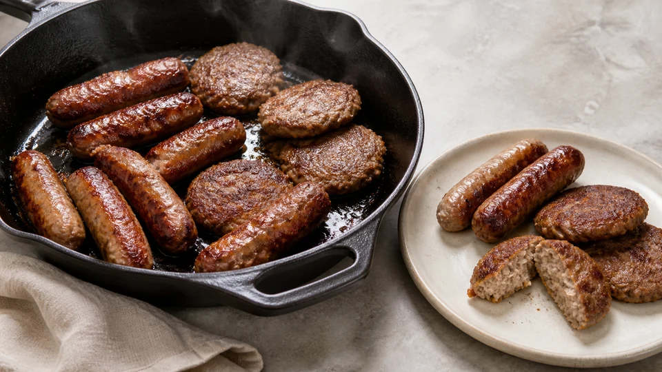 Cooking breakfast sausage prepared for Pancakes World.