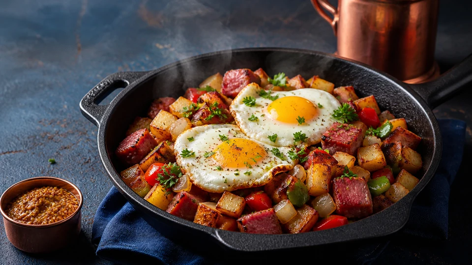 Editorial breakfast scene illustrating Corned beef breakfast.