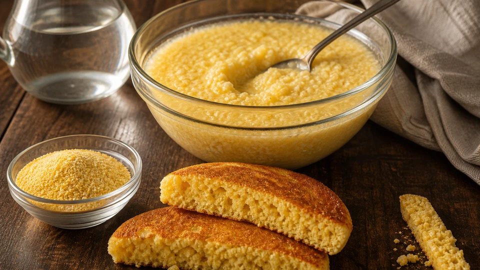 Planning image for Cornmeal Pancakes: Hydrate the Grain for a Tender, Grit-Free Crumb, showing a controlled ingredient/process setup for cornmeal pancakes: hydrate the grain for a tender, grit-free crumb, showing only the relevant unbranded ingredients, tools and one clear before/after or side-by-side variable.