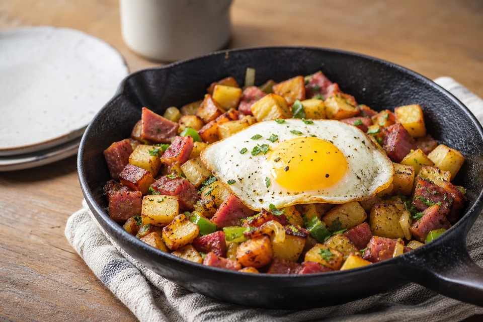 Finished country ham hash with crisp diced potatoes, browned ham, onion, green pepper, herbs, and a cooked egg in a skillet.