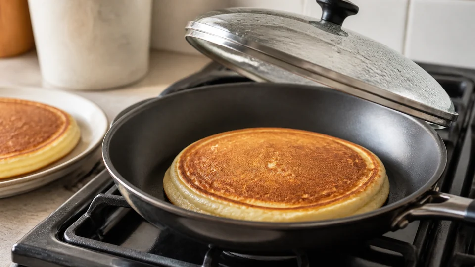 A thick golden pancake in a skillet beneath a lifted glass lid with light condensation.
