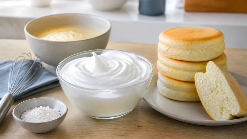 Cream of tartar, whipped egg-white foam, batter and airy pancakes arranged as an illustrative comparison