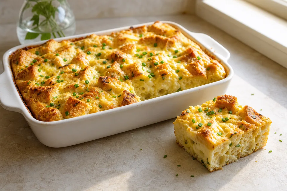 A browned creamy egg strata in a white baking dish with one square removed to reveal bread, egg custard, herbs, and vegetables.