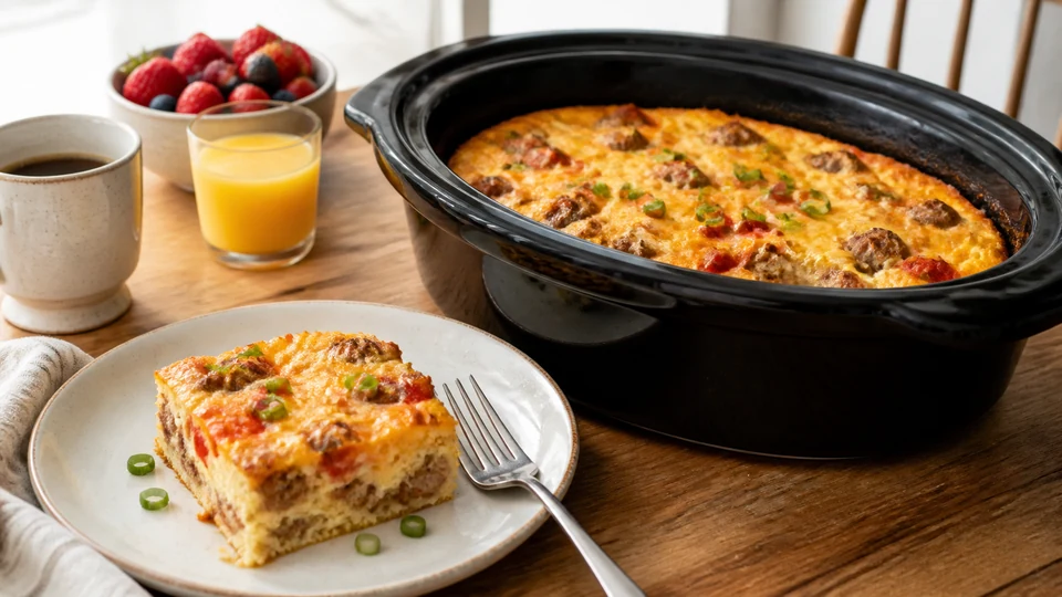Crockpot brunch casserole prepared for Pancakes World.