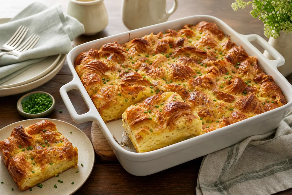 A golden croissant breakfast casserole in a white baking dish with one custardy square served beside it.