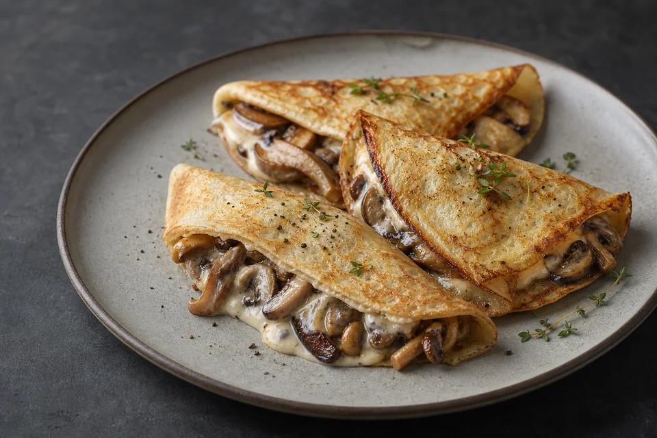 Thin folded savory crepes filled with browned mushrooms and pale cashew cream, with one crepe cut open on a dark plate.