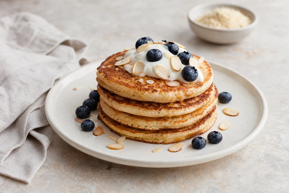 Four small almond-flour pancakes with yogurt, blueberries, and toasted almond flakes.