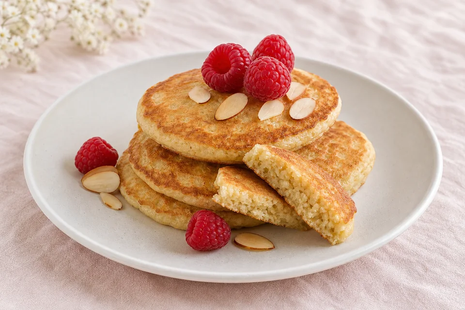 Small golden almond-flour pancakes with a tender cut crumb, raspberries, and a few sliced almonds.