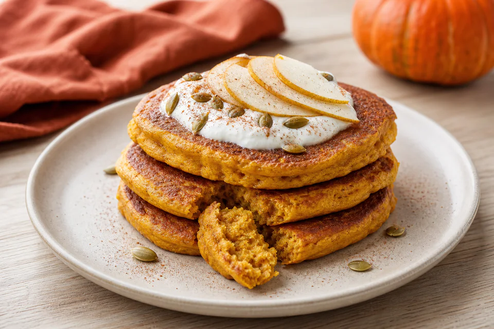 Orange pumpkin pancakes with yogurt, pumpkin seeds, pear, and warm spices