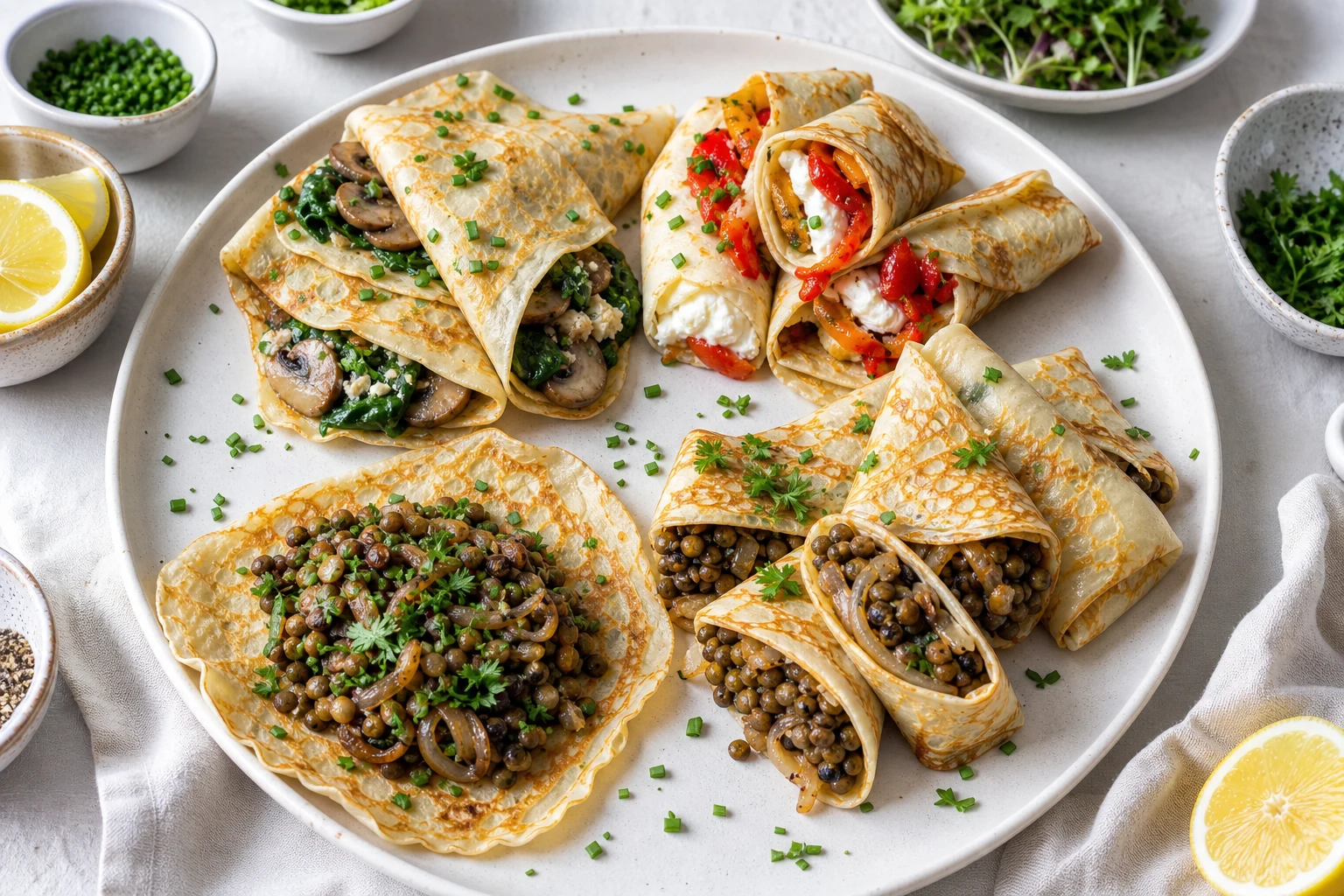 Finished savoury crepes with mushroom spinach, roasted pepper cheese, and lentil onion fillings