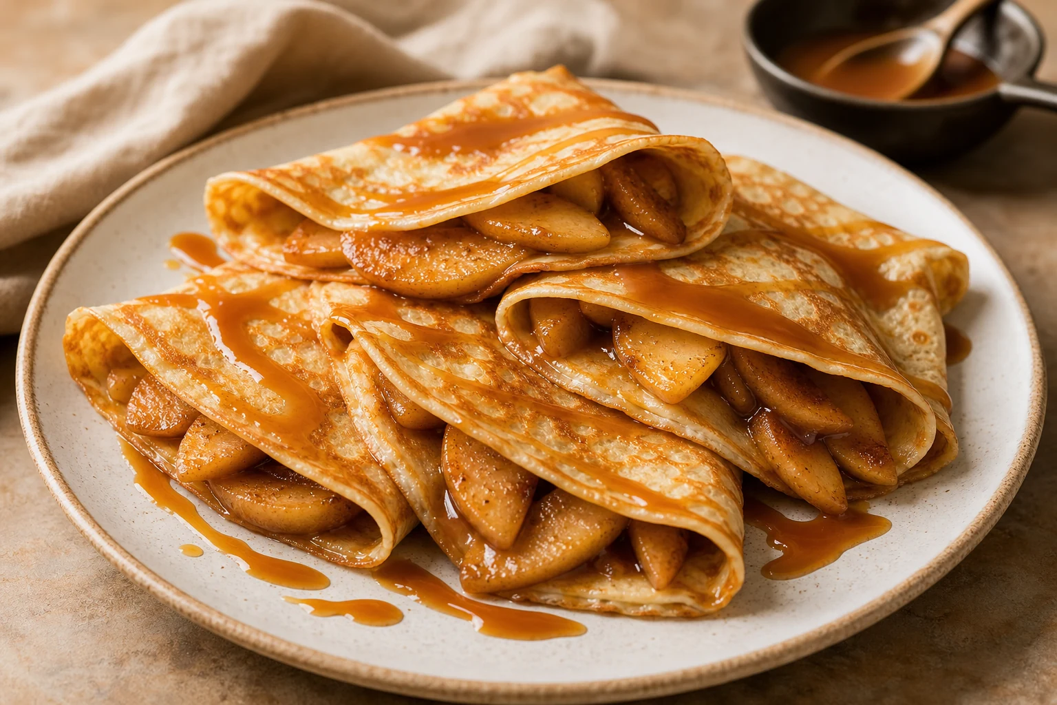 Finished apple cinnamon crepes filled with tender apples and drizzled with homemade caramel