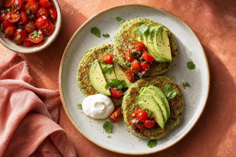 Savory avocado pancakes with golden edges, fresh avocado, tomato salsa, coriander, and yogurt.