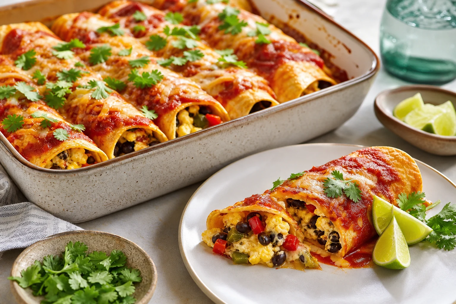 Finished breakfast enchiladas with egg, beans, peppers, red sauce, and a cut plated roll