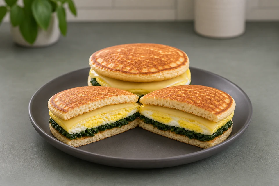 Finished breakfast pancake sandwich with egg, melted cheese, spinach, and two small golden pancakes, cut to show the layers.