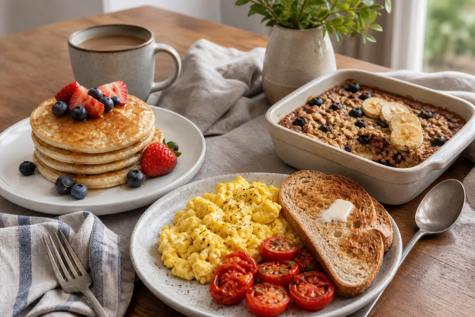 A finished home breakfast spread with pancakes and berries, baked oats, and scrambled eggs with toast and tomatoes.