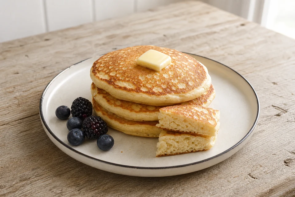 Finished stack of classic buttermilk pancakes with golden tops, a small butter pat, berries, and one cut edge showing a tender crumb.
