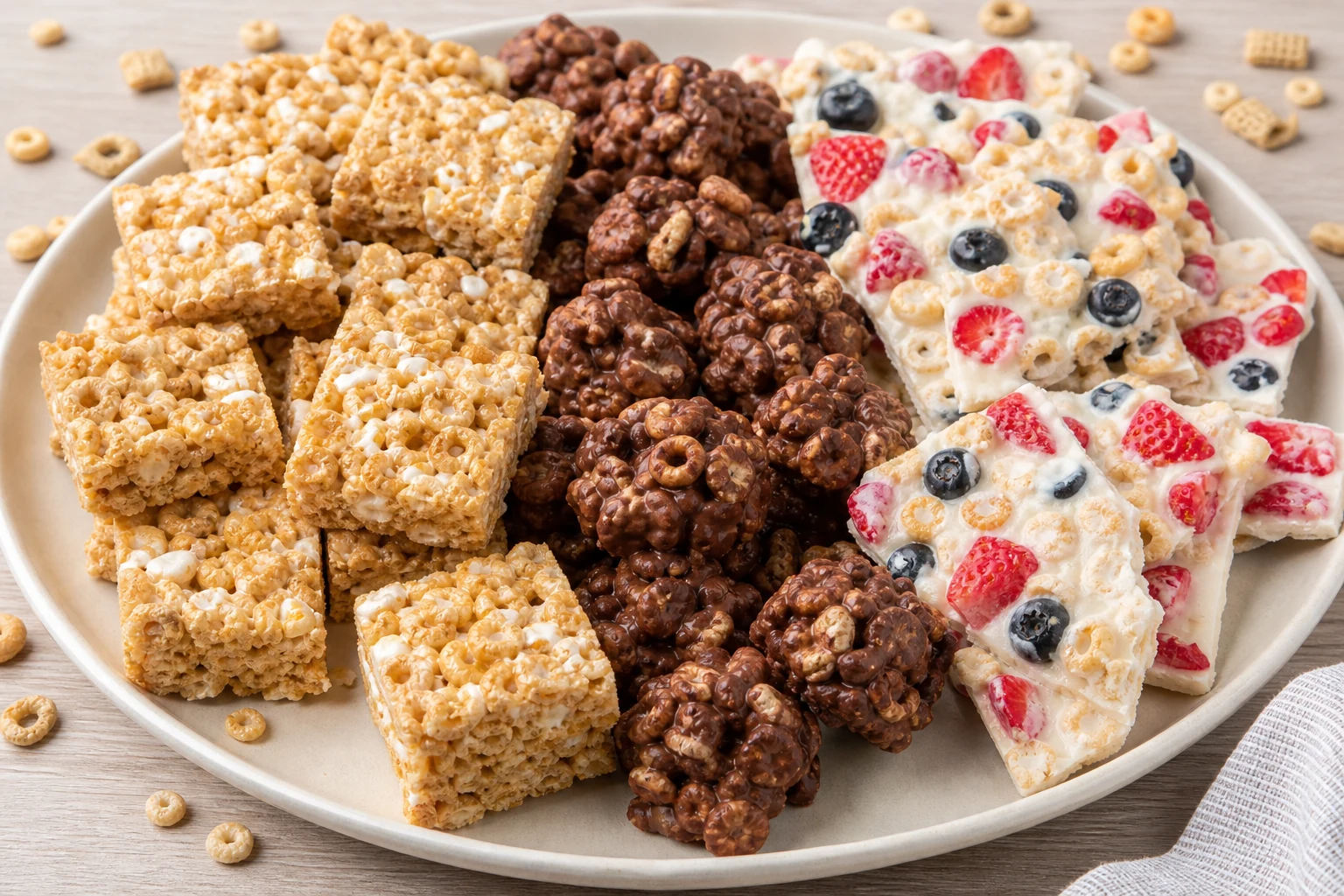 Finished cereal desserts including crisp bars, chocolate clusters, and berry yogurt cereal bark