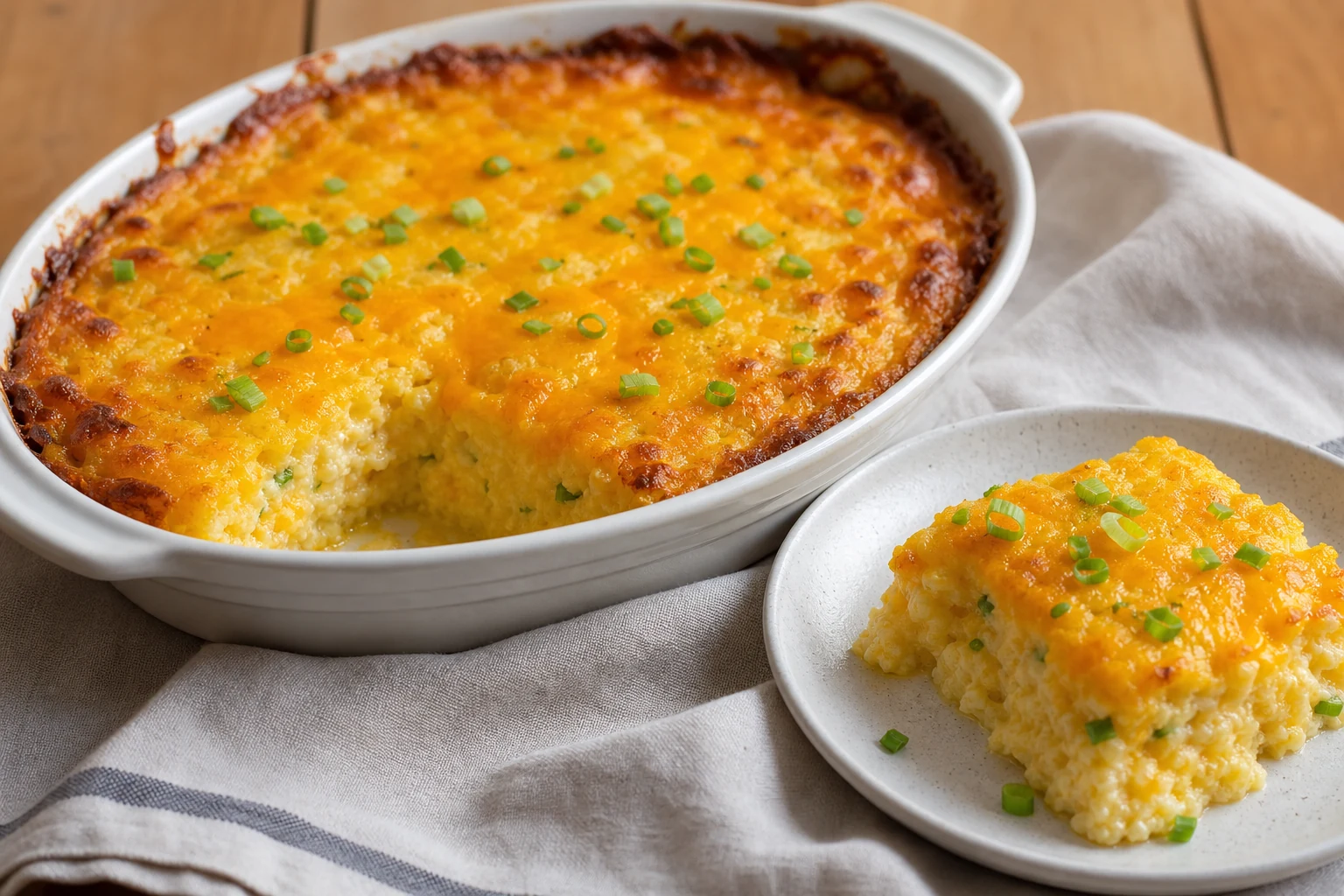 Finished cheddar cheese grits casserole with a plated square showing creamy set grits