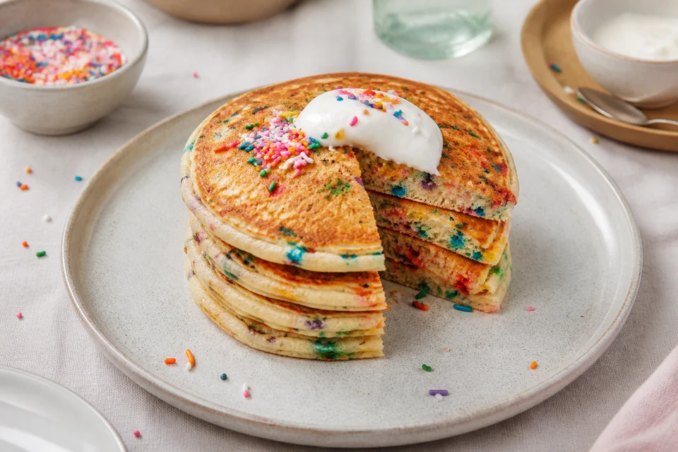 Finished funfetti pancakes with colourful sprinkles visible in the cut crumb and a spoonful of vanilla yogurt.
