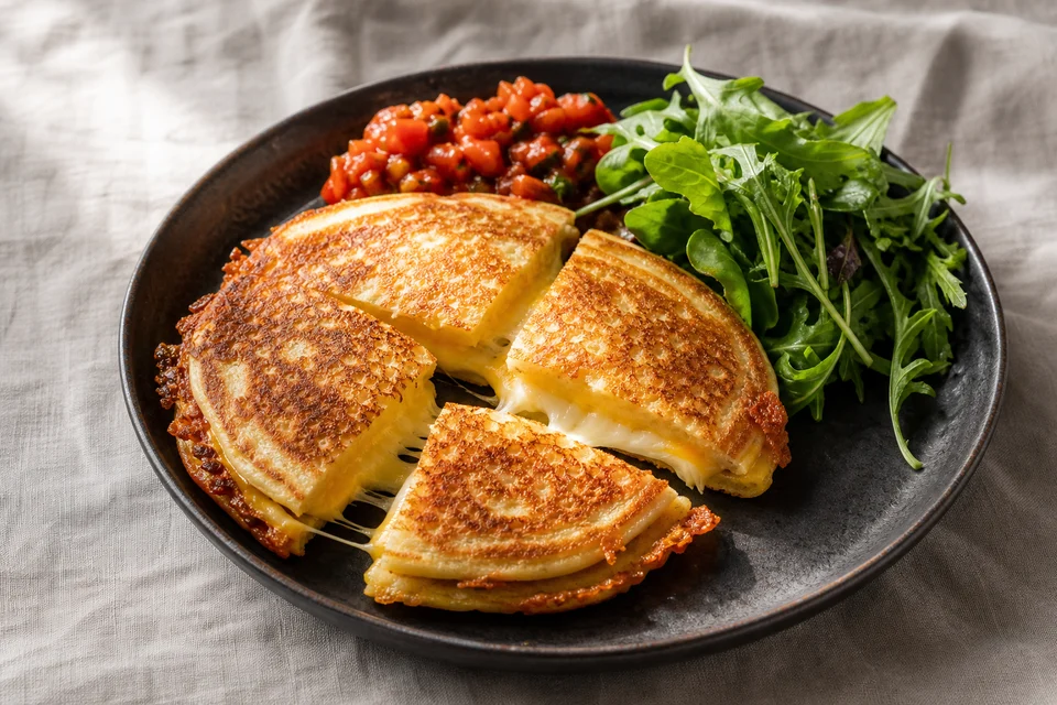 Finished grilled-cheese pancakes cut into wedges with crisp cheese edges, tomato relish, and a green salad.