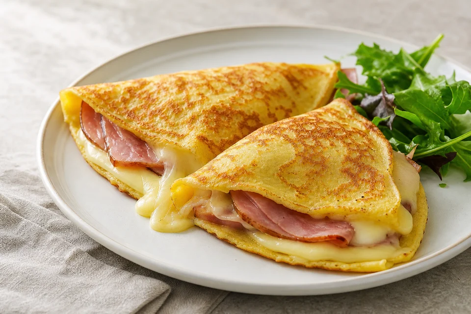 Folded golden savory pancakes filled with sliced ham and melted cheese on a warm ceramic plate.
