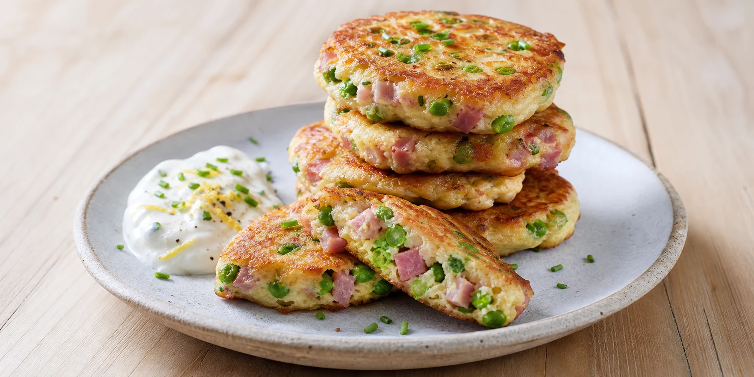 Finished ham and pea savoury pancakes with a cut pancake showing the cooked centre
