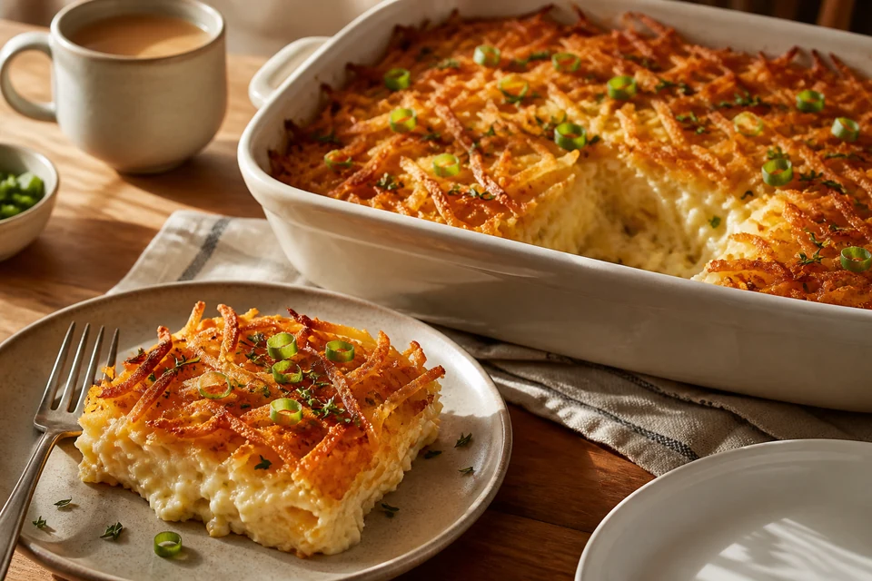 Finished hashbrown casserole with crisp shredded-potato crust, herbs, spring onion, and a plated square showing the creamy set centre.