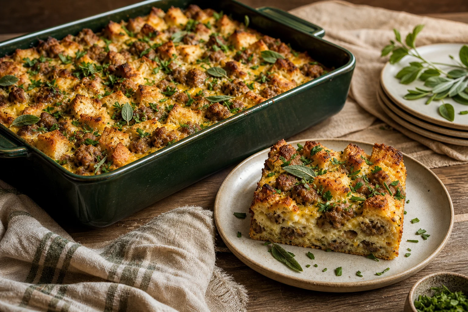 Finished herbed sausage breakfast casserole with a plated square showing sausage, bread, egg, and herbs