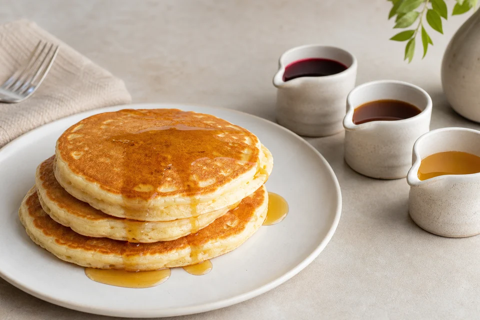 Finished pancakes beside three small pitchers of berry, caramel, and citrus-colored syrups.
