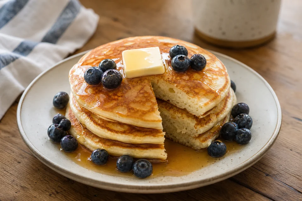 Finished homemade pancakes with butter, blueberries, syrup, and a tender cut crumb