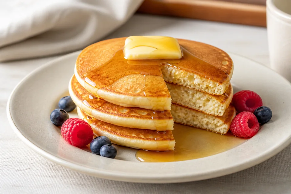 A stack of golden homemade pancakes with a cut edge showing an airy crumb, served with berries, butter, and maple syrup.