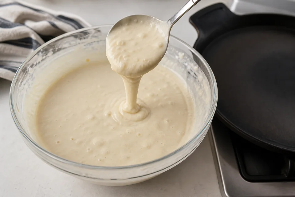 Pancake batter falling from a spoon in a broad ribbon beside a clean skillet, with a few small lumps still visible.