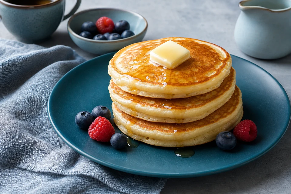 Fluffy golden hotcakes on a deep teal ceramic plate with butter, a light maple drizzle, and a few berries.