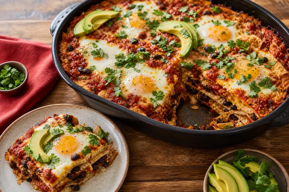 Huevos rancheros-inspired breakfast bake with set eggs, tomato-chile sauce, black beans, tortillas, avocado, and cilantro.