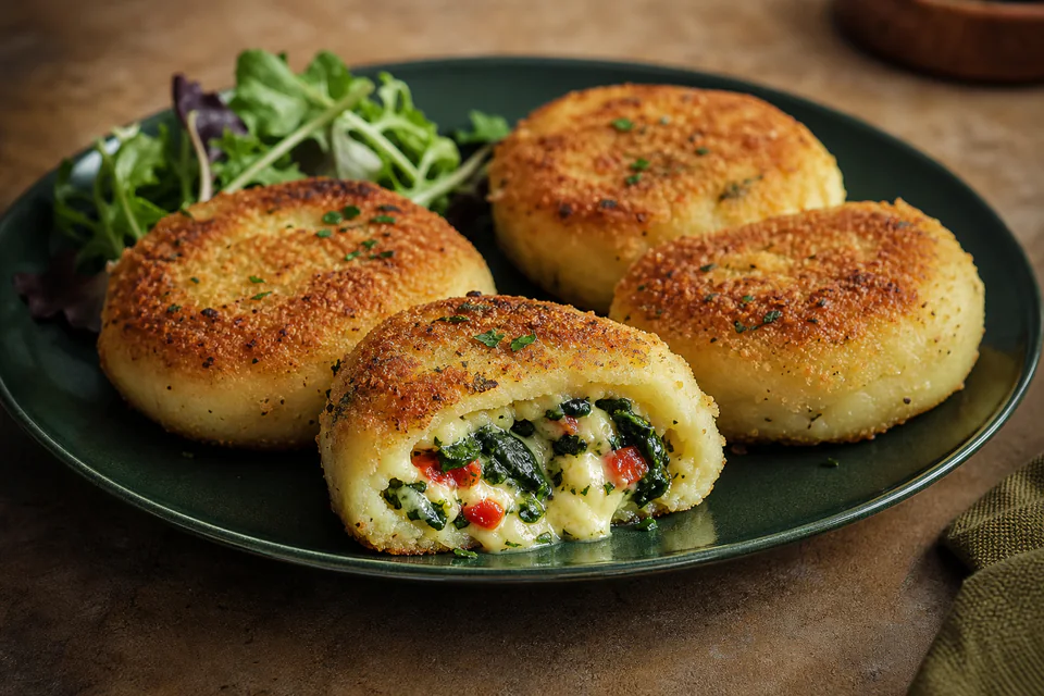 Golden stuffed potato pancakes with one cut open to show cheese, spinach, and red pepper