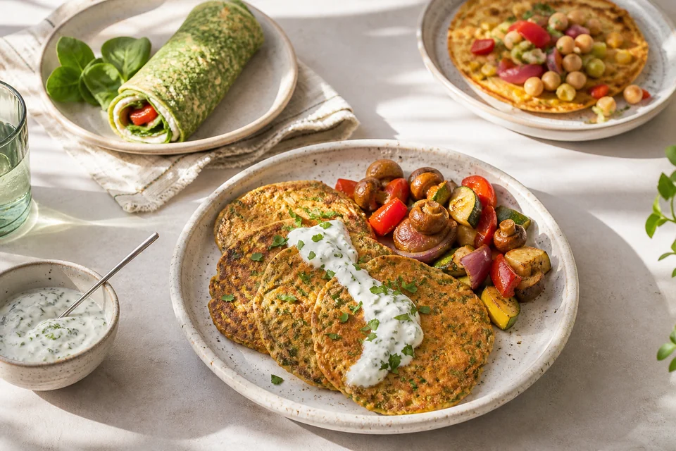 Finished pancake lunch spread with chickpea pancakes, roasted vegetables, rolls, and bean salad