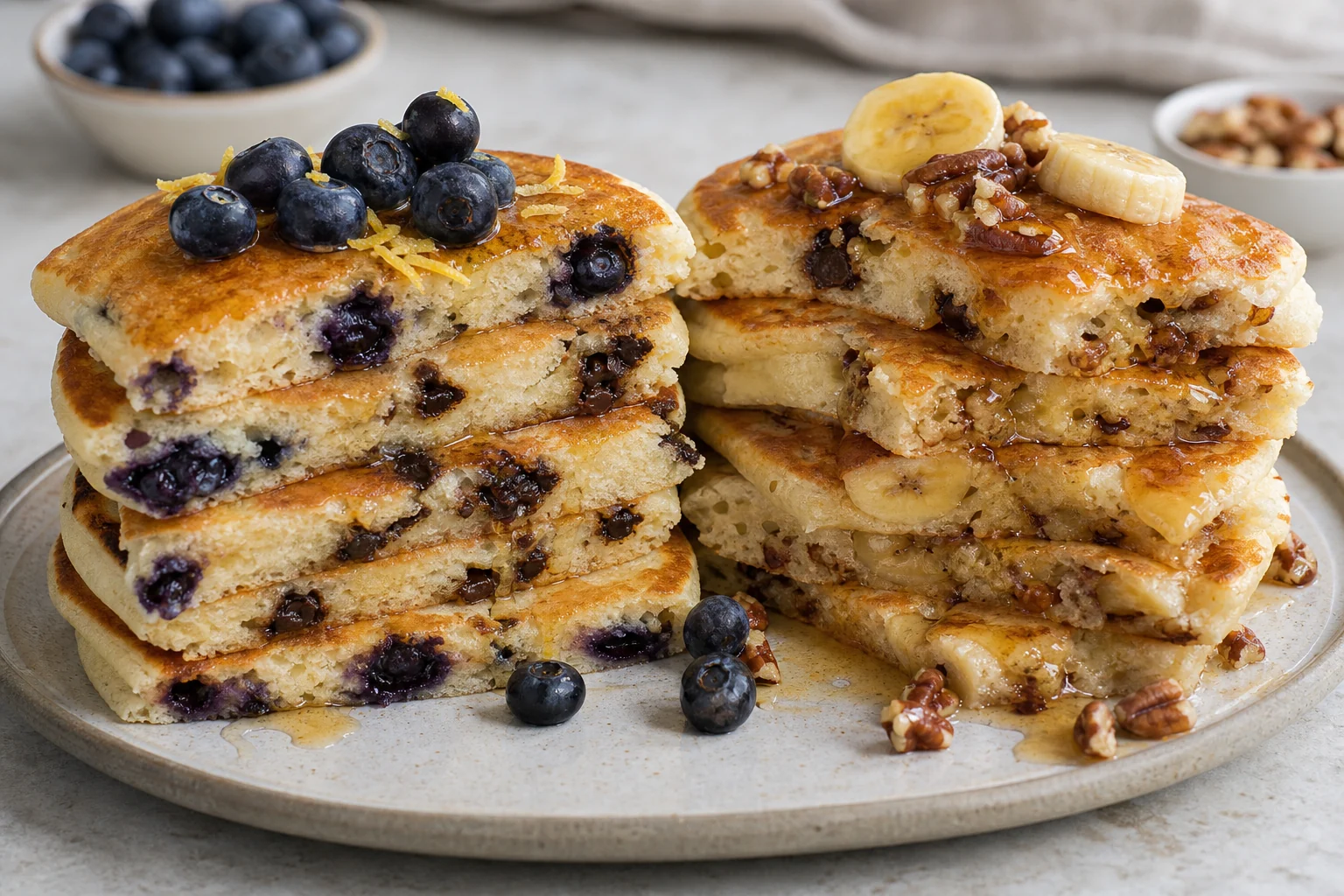 Finished pancakes showing blueberry lemon, chocolate chip, and banana pecan mix-ins