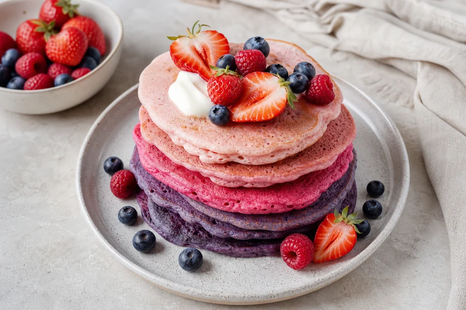 A finished stack of berry ombre pancakes graduating from pale pink to raspberry and blueberry-purple, topped with mixed berries and yogurt.
