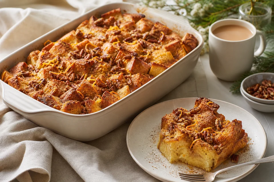 A finished eggnog French toast casserole with crisp bread tops, toasted pecans, orange zest, and a plated portion showing the set centre.